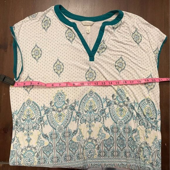 Soma Teal White Boho Paisley Tunic Top Split Neck Short Sleeve Size XL - Picture 6 of 7